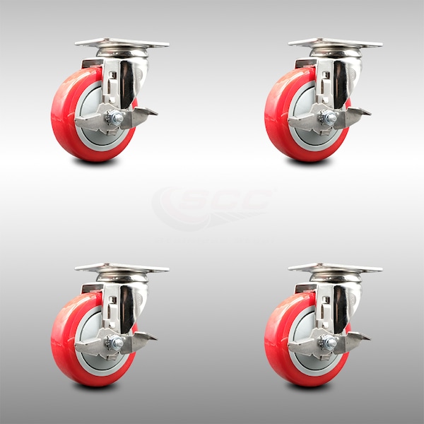 Service Caster 4 Inch 316SS Red Polyurethane Wheel Swivel Top Plate Caster Set with Brake SCC SCC-SS31620S414-PPUB-RED-TLB-4 - main